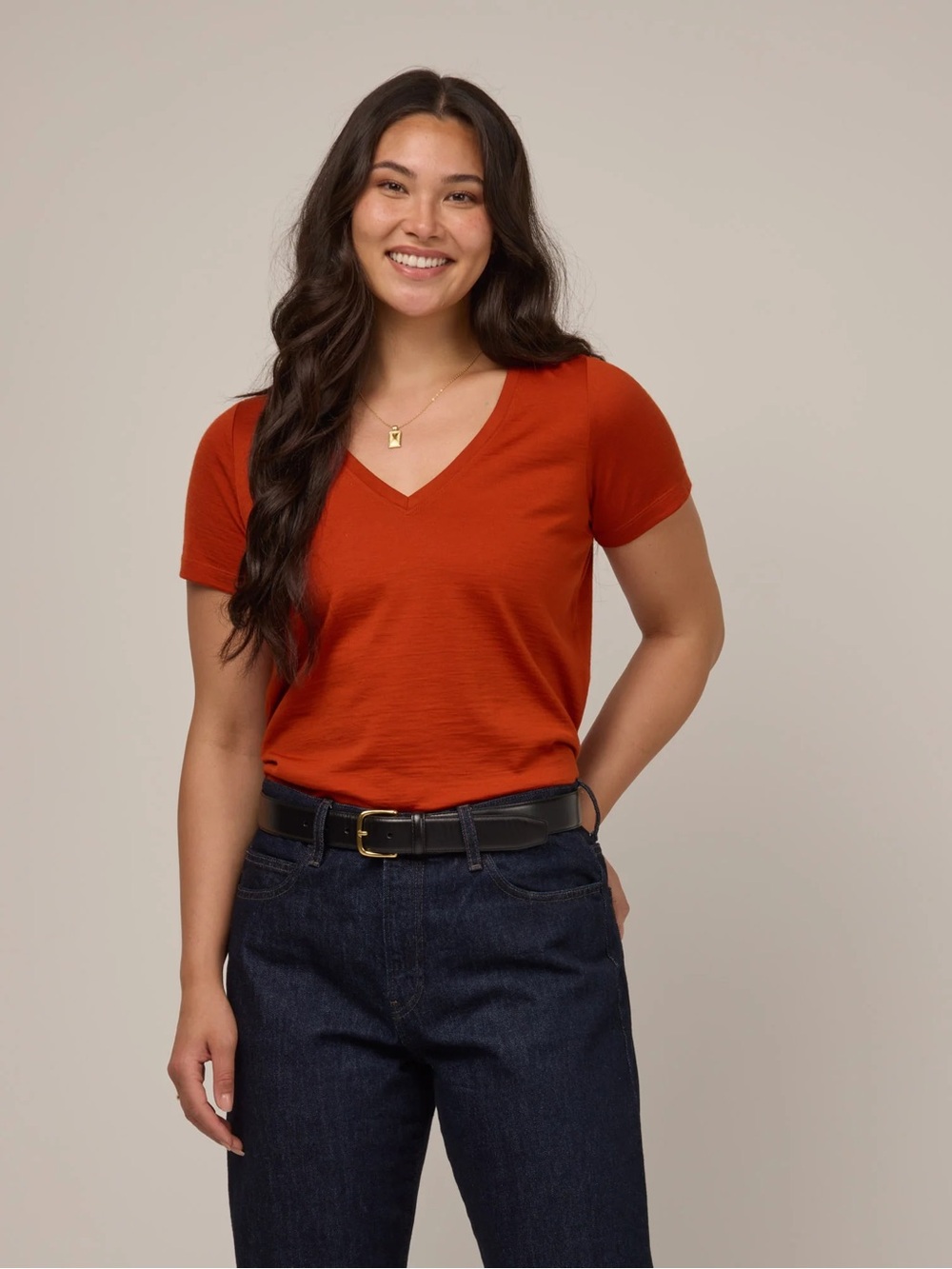 Wool& Merino Morgan V-Neck Tee in Coral Red